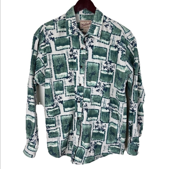 Vintage Woolrich Button Up Shirt Allover Elk Print 100% Cotton Women’s Size M - Picture 1 of 6